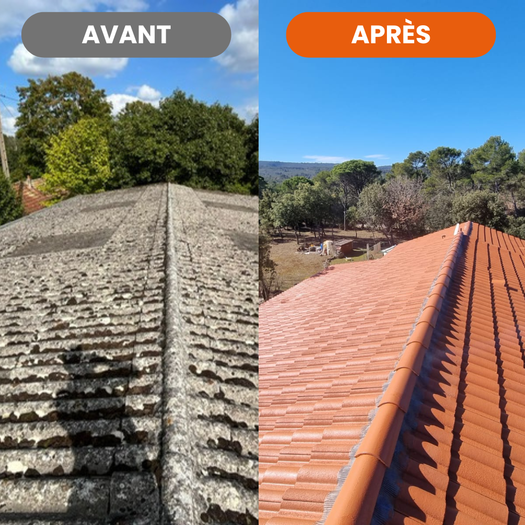 Avant / Après Nettoyage, démoussage et Hydro toiture incolore Chantier Hérault
